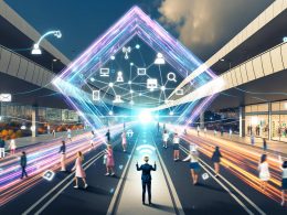 Futuristische Brücke verbindet leuchtende digitale Stadt mit realer urbaner Szene; Datenlinien, holografische Werbung, AR-Avatare und eine Marketeer-Person im Vordergrund