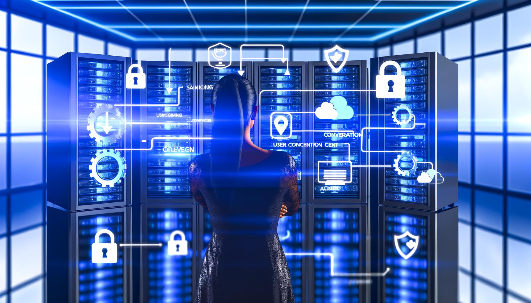 Digitaler Marketingexperte überwacht innovative serverseitige Facebook-Tracking-Datenströme in moderner, blau beleuchteter Tech-Umgebung mit Sicherheits- und Conversion-Grafiken.