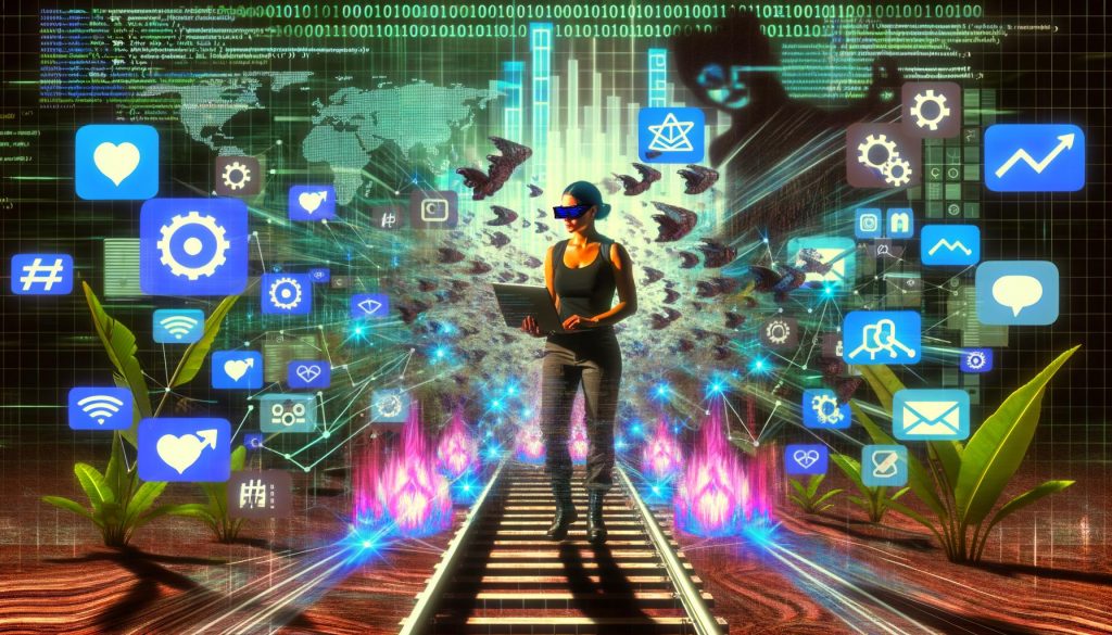 Cyberpunk-Illustration eines Social-Media-Managers mit Laptop vor leuchtenden Algorithmen, Social-Icons und Datencharts in einer digitalen Social-Media-Landschaft voller Hashtags und Automatisierungs-Tools.