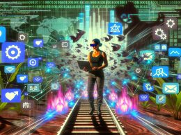 Cyberpunk-Illustration eines Social-Media-Managers mit Laptop vor leuchtenden Algorithmen, Social-Icons und Datencharts in einer digitalen Social-Media-Landschaft voller Hashtags und Automatisierungs-Tools.