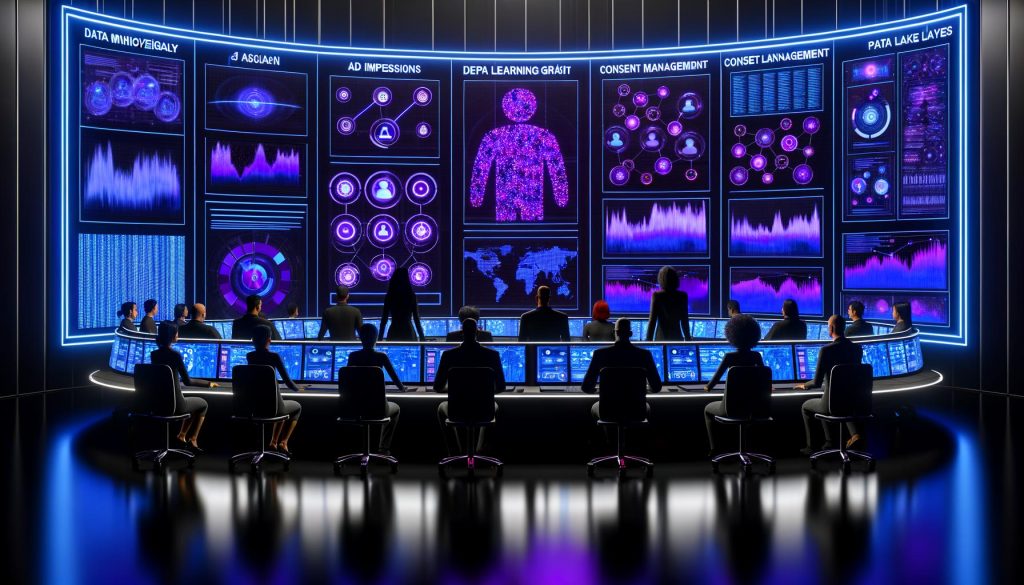 Team aus Data- und Marketing-Spezialist:innen arbeitet mit KI-Avataren in einem technisch-inspirierten Kontrollraum mit Holo-Displays, Datenströmen und Privacy-Elementen.