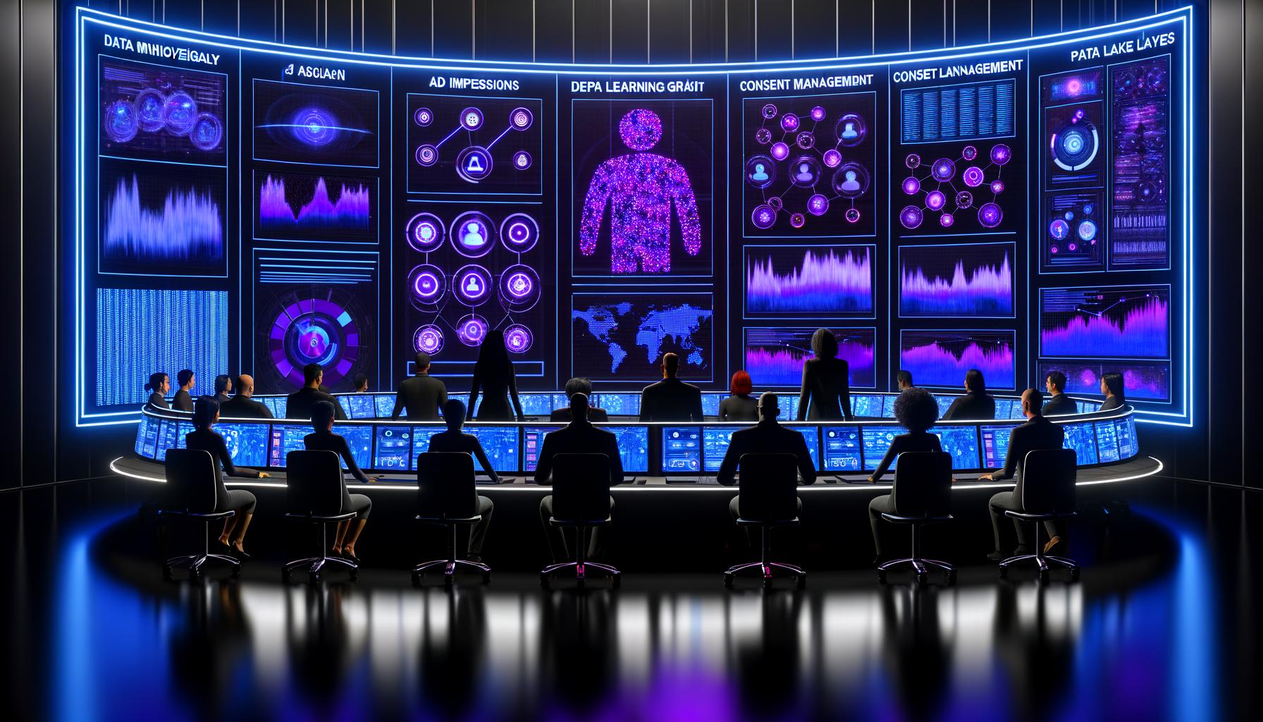 Team aus Data- und Marketing-Spezialist:innen arbeitet mit KI-Avataren in einem technisch-inspirierten Kontrollraum mit Holo-Displays, Datenströmen und Privacy-Elementen.