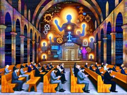 Stilisierte Illustration einer digitalen Kathedrale aus Code und Rechtsdokumenten mit Geschäftspersonen am DSGVO-Altar und verwirrten Nutzern in den Bänken.