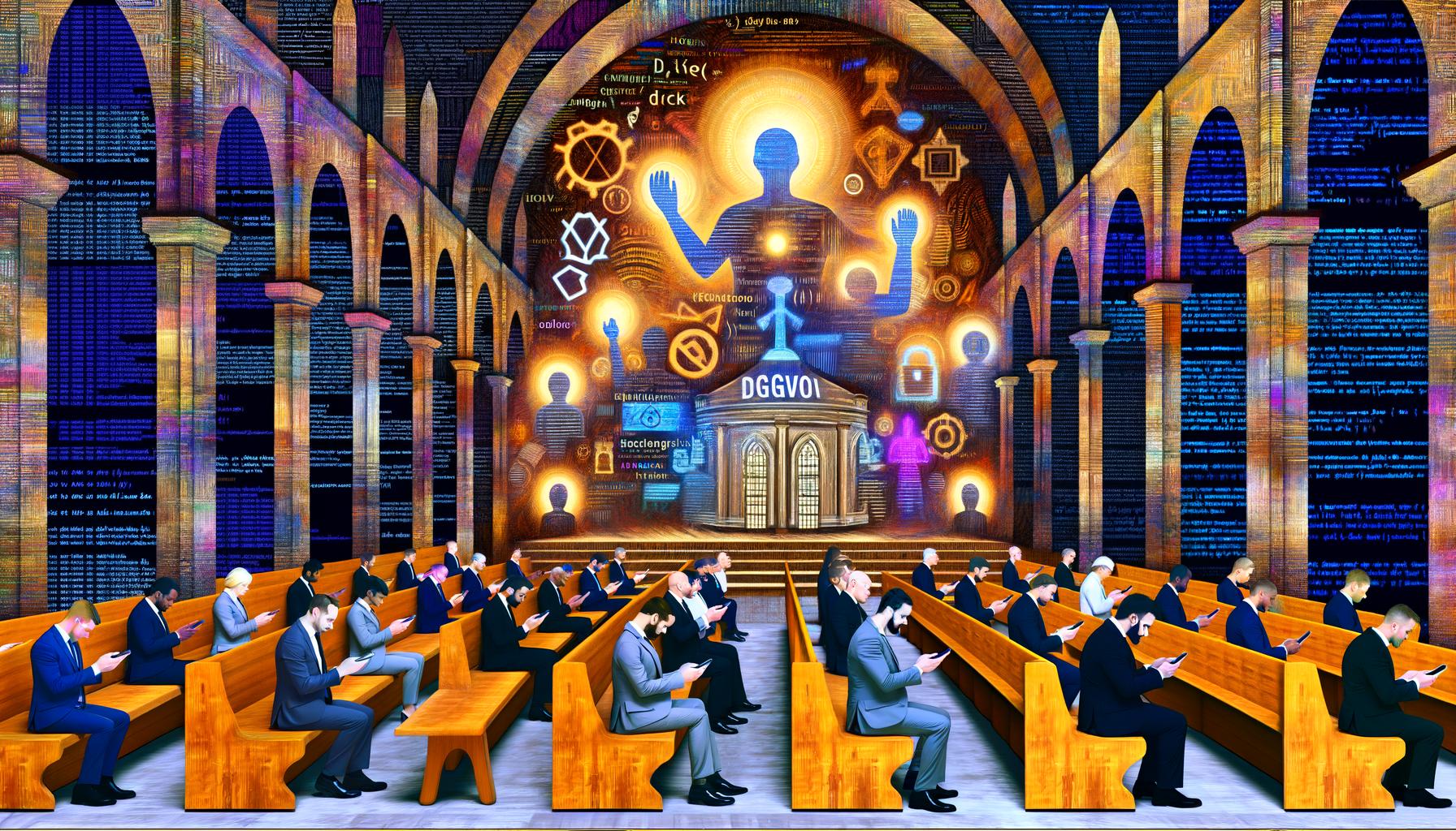 Stilisierte Illustration einer digitalen Kathedrale aus Code und Rechtsdokumenten mit Geschäftspersonen am DSGVO-Altar und verwirrten Nutzern in den Bänken.