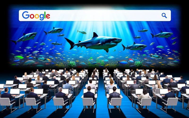Haie in einem Aquarium nebeneinander mit Menschenmengen von Marketern und Unternehmern mit Laptops und SEO-Werkzeugen vor einem Bildschirm mit Google-Suchergebnissen voller harter Keywords.