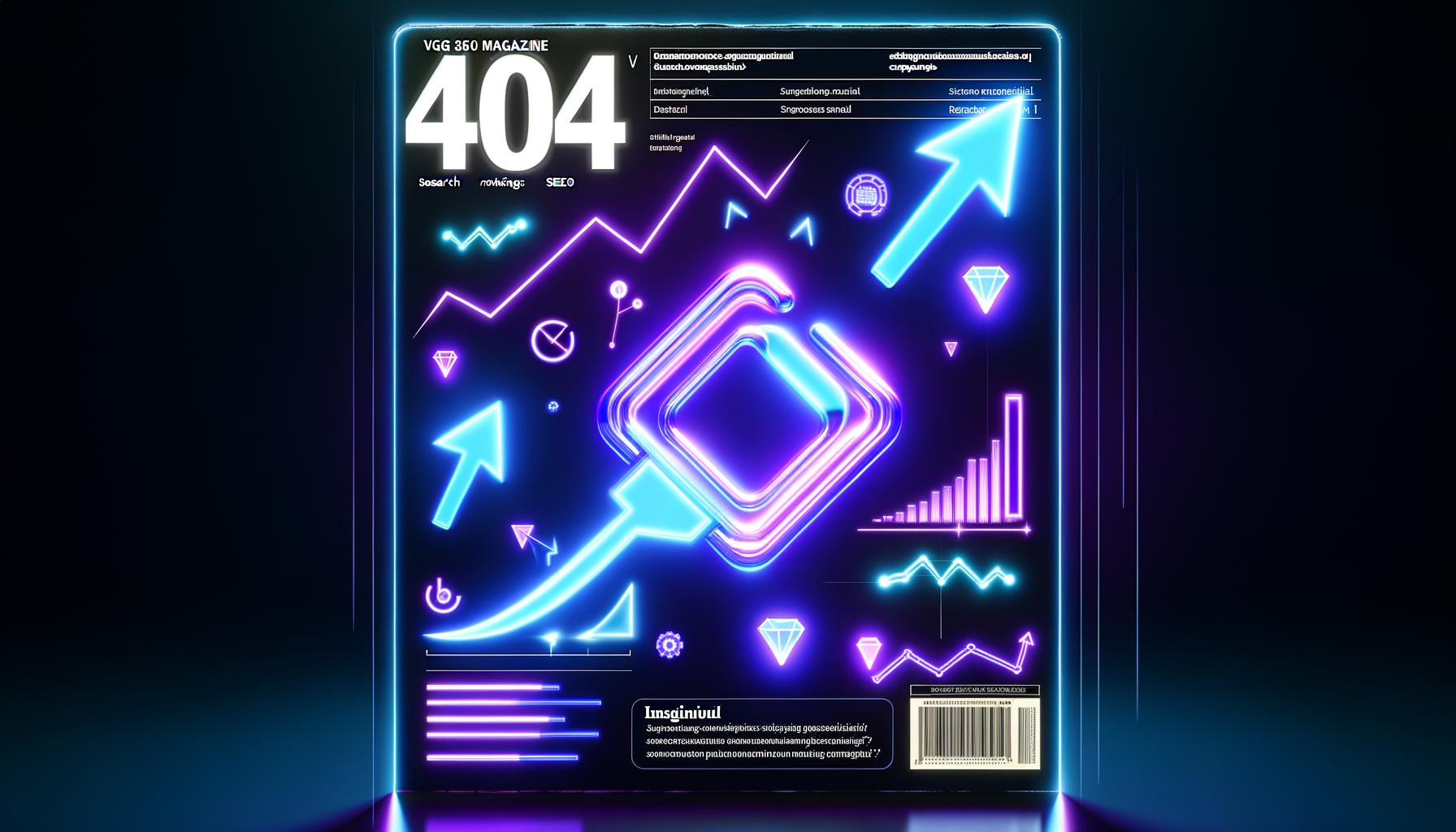 Modernes digitales Magazincover mit leuchtendem, stilisiertem SVG-Code, futuristischen Grafiken, Diagrammen, dynamischen SEO-Signalen und neonfarbenem Hintergrund.
