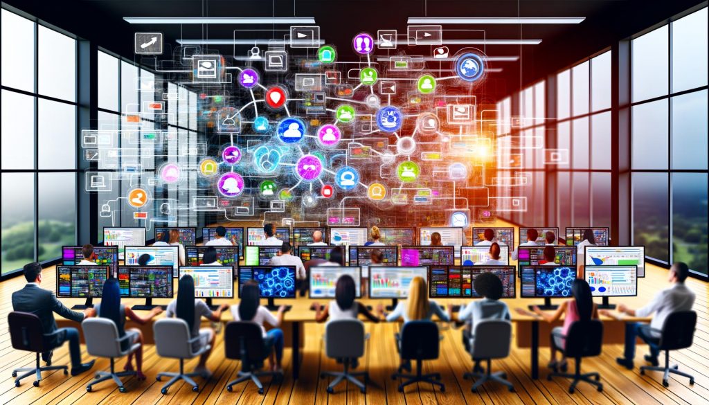 Offenes Büro mit Menschen, die viele Monitore und Geräte mit Marketing-Dashboards und sozialen Medien bedienen, verbunden durch ein futuristisches, leuchtendes Netzwerk