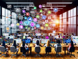 Offenes Büro mit Menschen, die viele Monitore und Geräte mit Marketing-Dashboards und sozialen Medien bedienen, verbunden durch ein futuristisches, leuchtendes Netzwerk