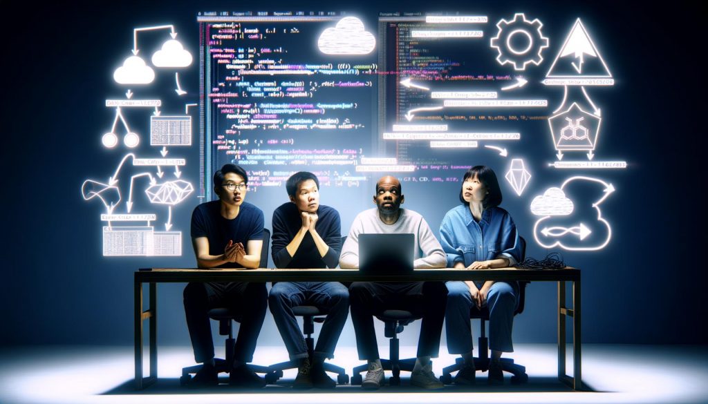 Moderne Illustration eines DevOps-Teams vor einem Bildschirm mit Git-Repository, YAML-Dateien, Kubernetes-Icons und CI/CD-Visualisierungen, die kollaborativ an einem GitOps-Prozess arbeiten.