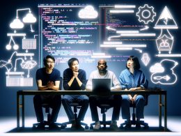 Moderne Illustration eines DevOps-Teams vor einem Bildschirm mit Git-Repository, YAML-Dateien, Kubernetes-Icons und CI/CD-Visualisierungen, die kollaborativ an einem GitOps-Prozess arbeiten.