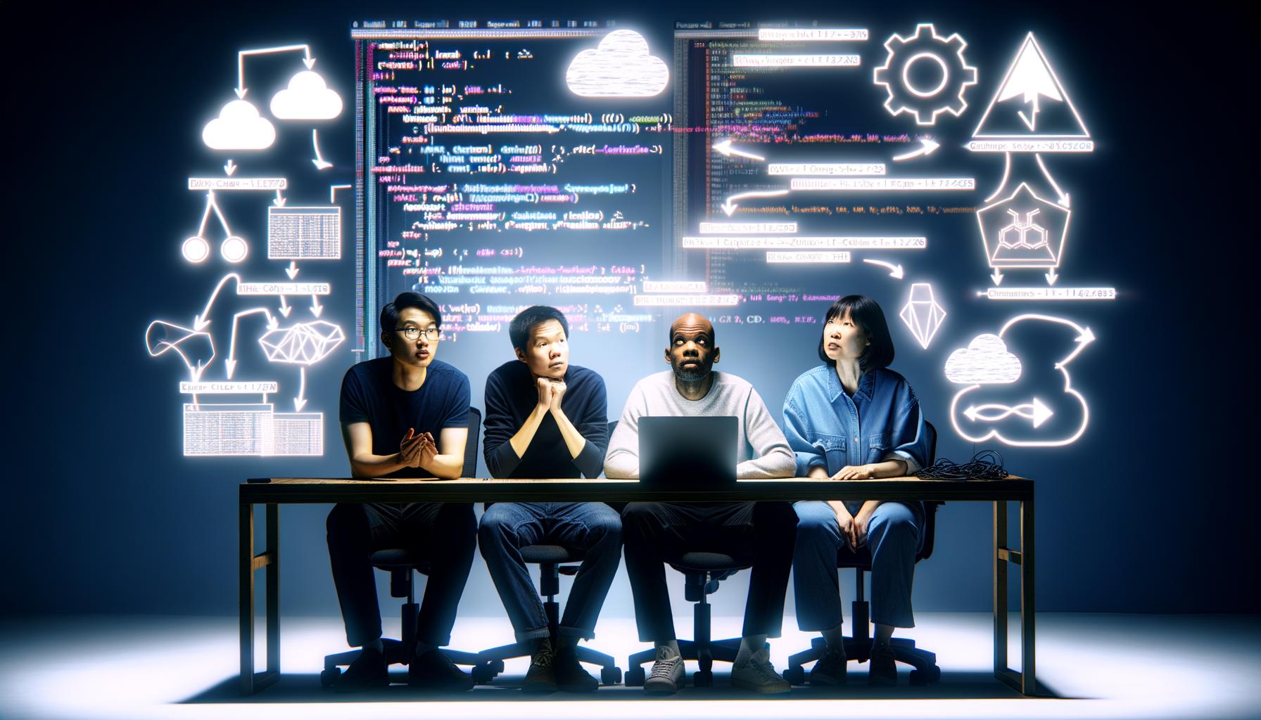 Moderne Illustration eines DevOps-Teams vor einem Bildschirm mit Git-Repository, YAML-Dateien, Kubernetes-Icons und CI/CD-Visualisierungen, die kollaborativ an einem GitOps-Prozess arbeiten.