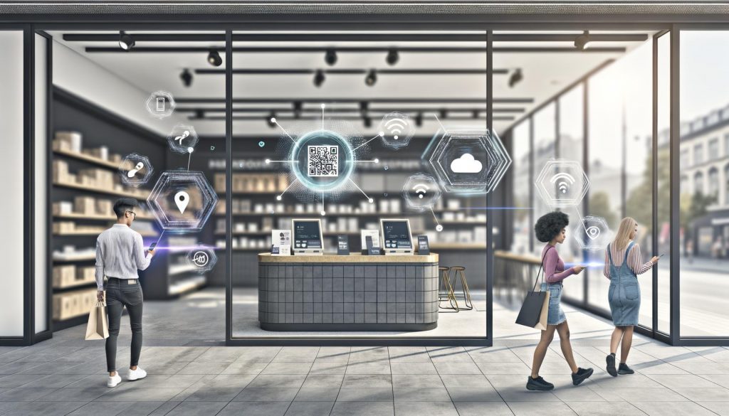 Kunden in einem modernen Laden nutzen Touchscreens, Smartphones zum Scannen und interagieren mit NFC-Tags und Self-Checkout-Terminals, umgeben von digitalen Symbolen für innovative Technologien.