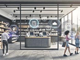 Kunden in einem modernen Laden nutzen Touchscreens, Smartphones zum Scannen und interagieren mit NFC-Tags und Self-Checkout-Terminals, umgeben von digitalen Symbolen für innovative Technologien.