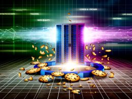 Dynamisches Titelbild mit zerbrochenen Cookies, durchgestrichenen Facebook-Pixel-Icons, leuchtendem Server-Rack und Lichtströmen zum Facebook-Logo, umgeben von holografischen Begriffen wie Tracking, CAPI und Datenqualität.