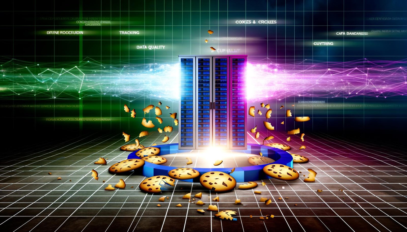 Dynamisches Titelbild mit zerbrochenen Cookies, durchgestrichenen Facebook-Pixel-Icons, leuchtendem Server-Rack und Lichtströmen zum Facebook-Logo, umgeben von holografischen Begriffen wie Tracking, CAPI und Datenqualität.