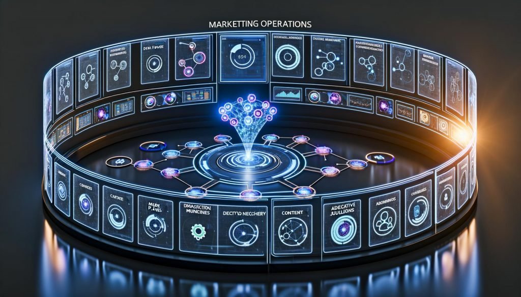 Hochmoderne Kontrollraum-Illustration mit holografischem Dashboard, KI-Neuronalnetzwerk, transparenten Bildschirmen und Symbolen zu Datenpipelines, Entscheidungsmaschinen sowie Marketing-Inhalten und Zielgruppen in digitaler Interaktion.