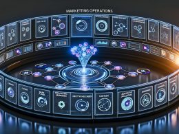 Hochmoderne Kontrollraum-Illustration mit holografischem Dashboard, KI-Neuronalnetzwerk, transparenten Bildschirmen und Symbolen zu Datenpipelines, Entscheidungsmaschinen sowie Marketing-Inhalten und Zielgruppen in digitaler Interaktion.