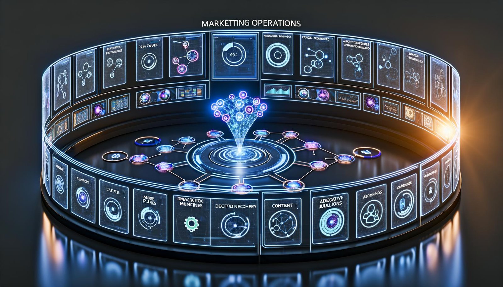 Hochmoderne Kontrollraum-Illustration mit holografischem Dashboard, KI-Neuronalnetzwerk, transparenten Bildschirmen und Symbolen zu Datenpipelines, Entscheidungsmaschinen sowie Marketing-Inhalten und Zielgruppen in digitaler Interaktion.