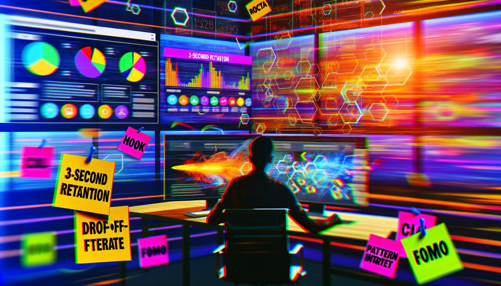 Person arbeitet konzentriert an Datenanalyse vor drei Monitoren mit Social-Media-Inhalten, Heatmaps und Metriken in einem farbintensiven, dynamischen Büro voller Social-Icons und Buzzwords.