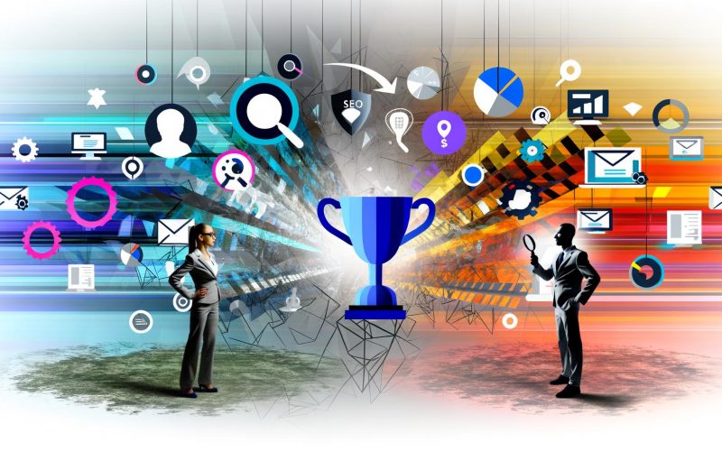 Moderne Collage zeigt zwei Unternehmen im Online-Marketing: eines bunt und innovativ mit Pokal, das andere blass und klassisch, umgeben von Icons für SEO, Content-Strategie und Wettbewerbslinien.