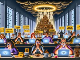 Gestresste Marketer in einem Büro mit leuchtenden Bildschirmen, holografischen Cookie-Bannern, DSGVO-Notizen und einem Altar mit GDPR-Flagge, umgeben von betenden Menschen und Tech-Skeptikern