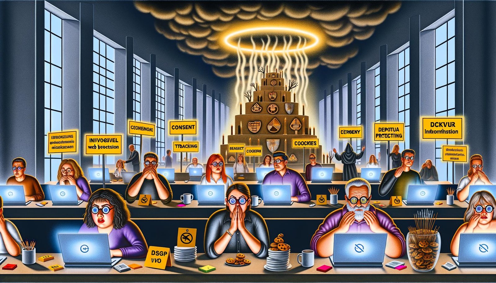 Gestresste Marketer in einem Büro mit leuchtenden Bildschirmen, holografischen Cookie-Bannern, DSGVO-Notizen und einem Altar mit GDPR-Flagge, umgeben von betenden Menschen und Tech-Skeptikern
