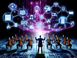 Digitales Orchester aus Menschen und Maschinen mit leuchtenden Datenströmen, Content-Kanälen, Monitoren und schwebendem Dirigentenstab auf einer energiegeladenen Bühne.