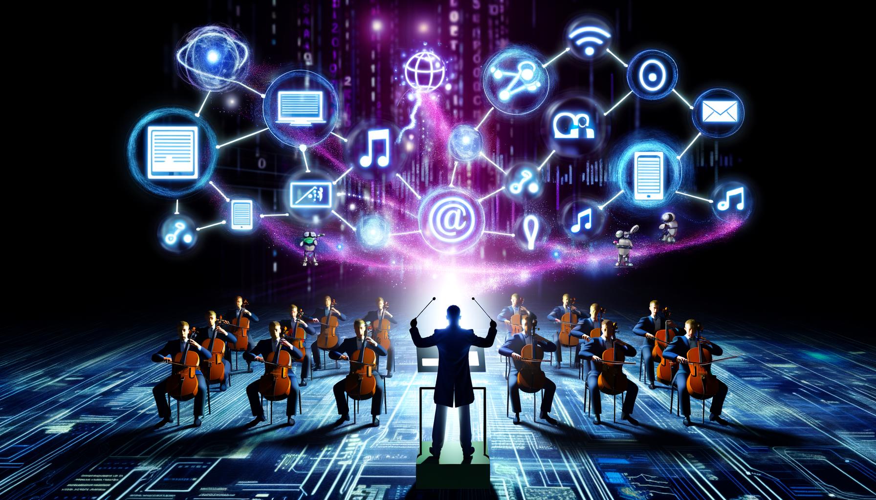 Digitales Orchester aus Menschen und Maschinen mit leuchtenden Datenströmen, Content-Kanälen, Monitoren und schwebendem Dirigentenstab auf einer energiegeladenen Bühne.
