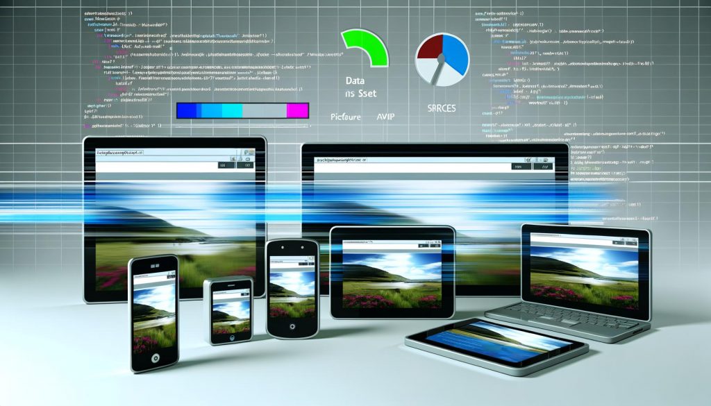 Illustration einer responsiven Webseite auf mehreren Geräten unterschiedlicher Bildschirmgrößen mit HTML-Code, Lade- und Performance-Icons, SEO- und Datenschutzsymbolen im modernen Design.