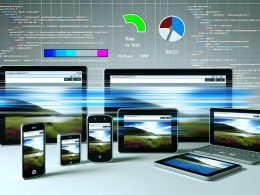 Illustration einer responsiven Webseite auf mehreren Geräten unterschiedlicher Bildschirmgrößen mit HTML-Code, Lade- und Performance-Icons, SEO- und Datenschutzsymbolen im modernen Design.