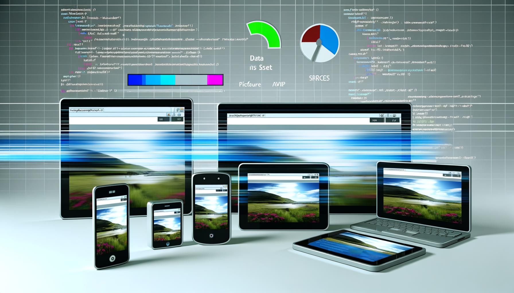 Illustration einer responsiven Webseite auf mehreren Geräten unterschiedlicher Bildschirmgrößen mit HTML-Code, Lade- und Performance-Icons, SEO- und Datenschutzsymbolen im modernen Design.