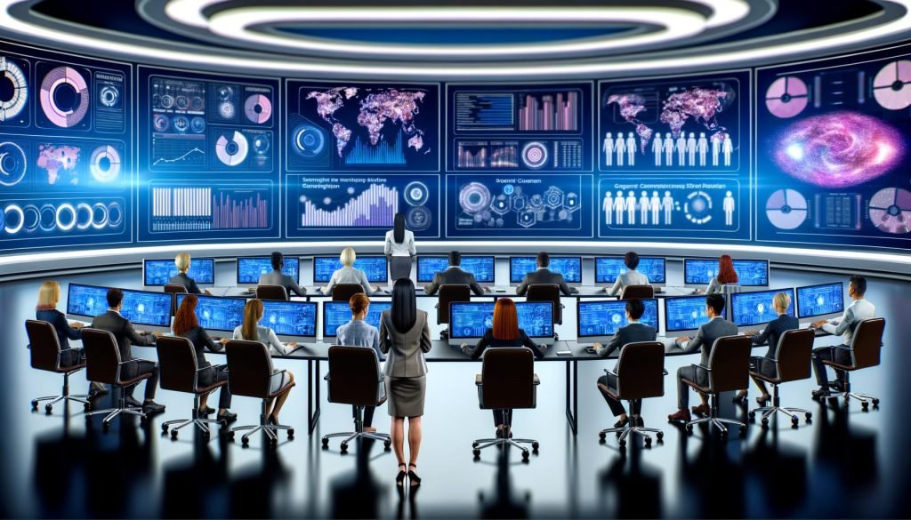 Futuristischer Kontrollraum mit großen Dashboards, Datenvisualisierungen und Marketing-Experten, die an Laptops und Tablets arbeiten, umgeben von Netzwerkdaten aus verschiedenen digitalen Kanälen.