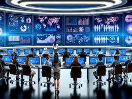 Futuristischer Kontrollraum mit großen Dashboards, Datenvisualisierungen und Marketing-Experten, die an Laptops und Tablets arbeiten, umgeben von Netzwerkdaten aus verschiedenen digitalen Kanälen.