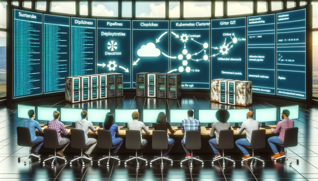 Entwicklerteam koordiniert Deployment im High-Tech-Kontrollraum mit digitalen Anzeigen für Git, Kubernetes und Pipeline-Monitoring, während alte Server ungenutzt im Hintergrund stehen.
