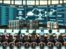 Entwicklerteam koordiniert Deployment im High-Tech-Kontrollraum mit digitalen Anzeigen für Git, Kubernetes und Pipeline-Monitoring, während alte Server ungenutzt im Hintergrund stehen.