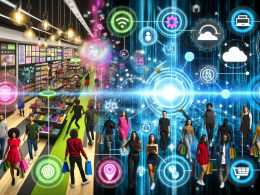 Collage mit physischem Einzelhandel und digitaler Marketinglandschaft, verbunden durch Datenströme und Technologien.