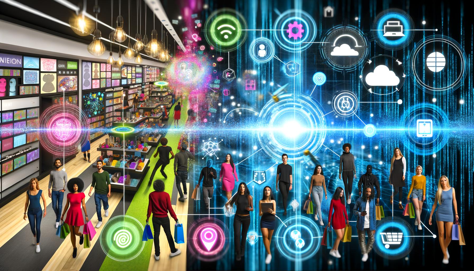 Collage mit physischem Einzelhandel und digitaler Marketinglandschaft, verbunden durch Datenströme und Technologien.