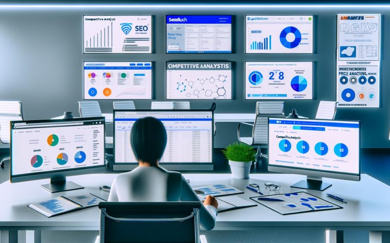 Ein konzentrierter Marketing-Experte arbeitet in einem modernen Büro mit mehreren Monitoren an einer Wettbewerbsanalyse, umgeben von Notizen, Diagrammen und digitalen Tool-Logos.