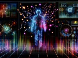 Abstrakte Illustration eines halb-digitalen Nutzers vor einer Matrix aus pulsierenden Klick-Linien, technischen Symbolen und komplexen Daten-Diagrammen für ein Editorial-Visual von 404 Magazine.