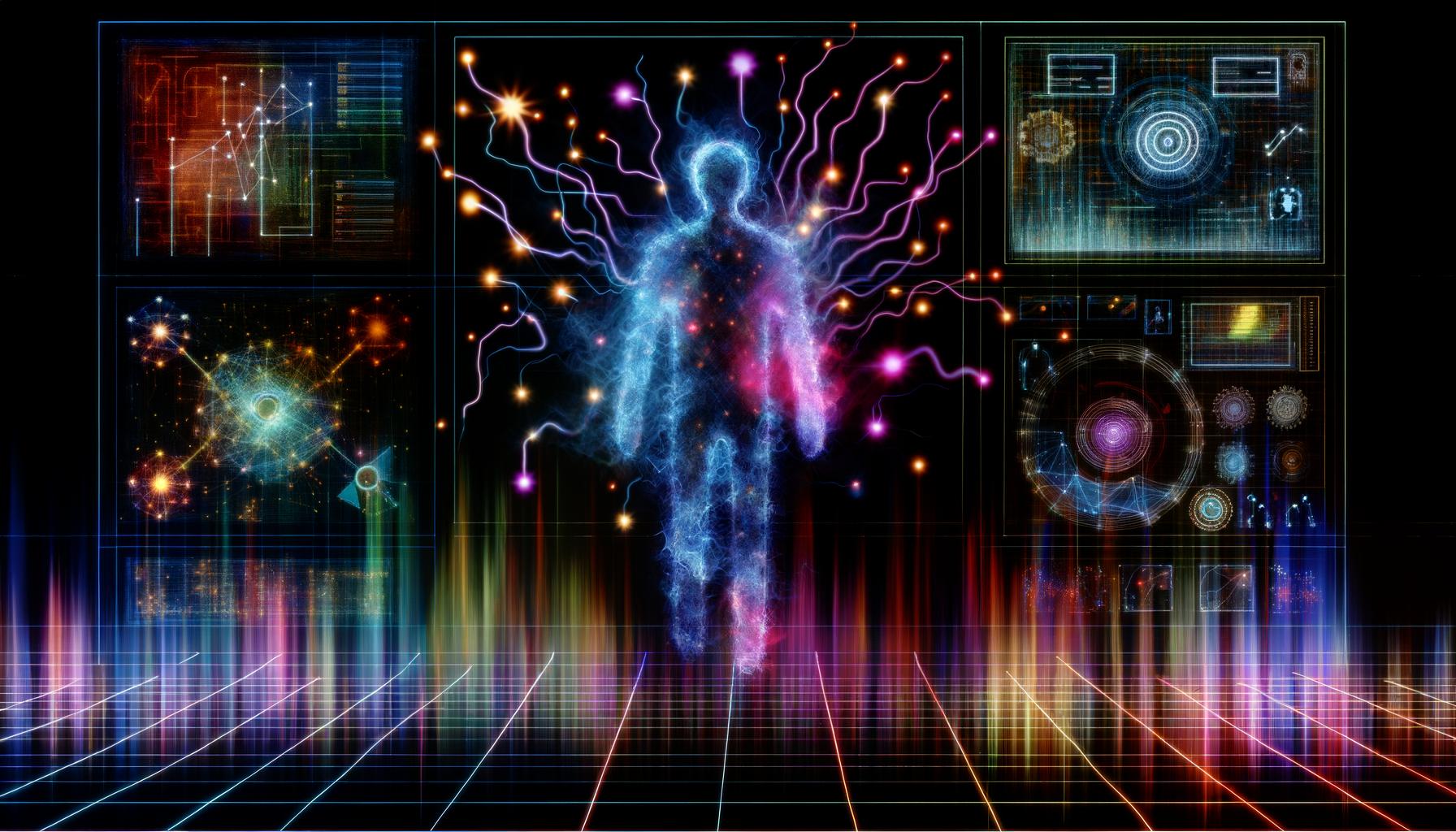 Abstrakte Illustration eines halb-digitalen Nutzers vor einer Matrix aus pulsierenden Klick-Linien, technischen Symbolen und komplexen Daten-Diagrammen für ein Editorial-Visual von 404 Magazine.