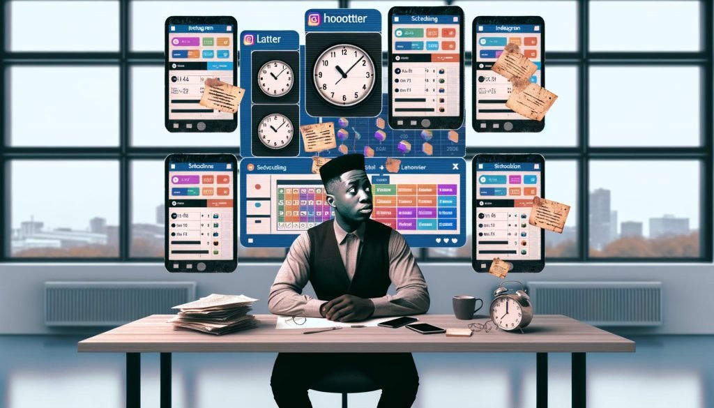 Moderner Social-Media-Marketer im Büro mit mehreren digitalen Bildschirmen, Automationstools und gut strukturierter Arbeitsumgebung im Vergleich zu chaotischer manueller Planung.