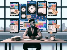 Moderner Social-Media-Marketer im Büro mit mehreren digitalen Bildschirmen, Automationstools und gut strukturierter Arbeitsumgebung im Vergleich zu chaotischer manueller Planung.