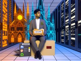 Büroarbeiter sitzt zwischen einer aus Datenschutzsymbolen gestalteten Kathedrale und moderner Serverraumtechnik, hält Compliance-Ordner und Marketing-Dashboard mit skeptischem Blick.