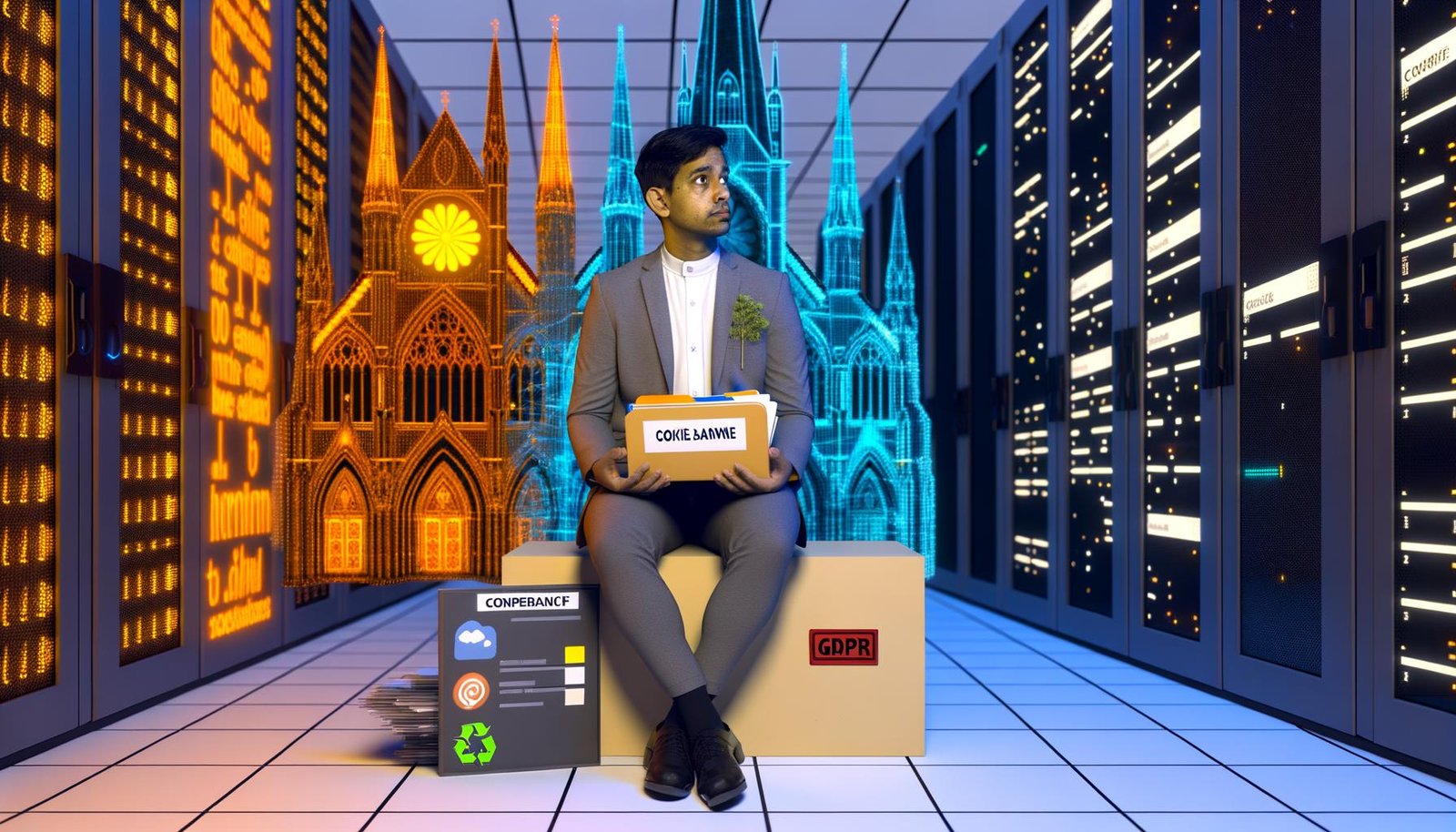 Büroarbeiter sitzt zwischen einer aus Datenschutzsymbolen gestalteten Kathedrale und moderner Serverraumtechnik, hält Compliance-Ordner und Marketing-Dashboard mit skeptischem Blick.