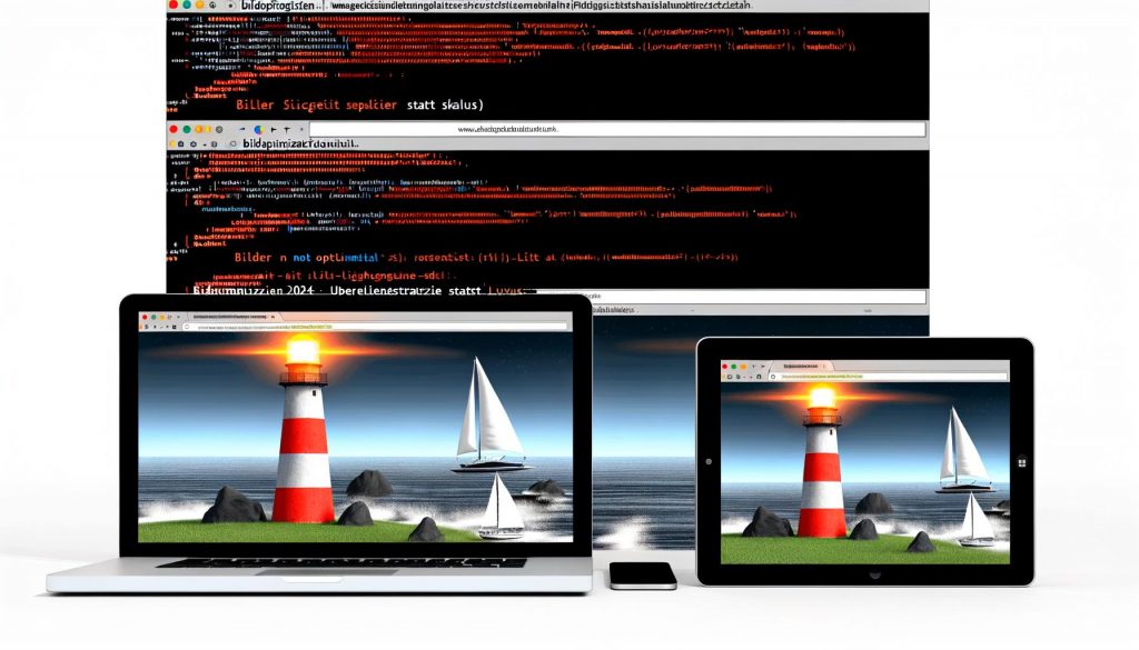 Zweiteilige Darstellung: Links eine altmodische Website mit pixeligem Bild und Lighthouse-Warnung, rechts eine schnelle moderne Seite mit scharfen Bildern auf verschiedenen Geräten, dazu Codebeispiele für Bildoptimierung.