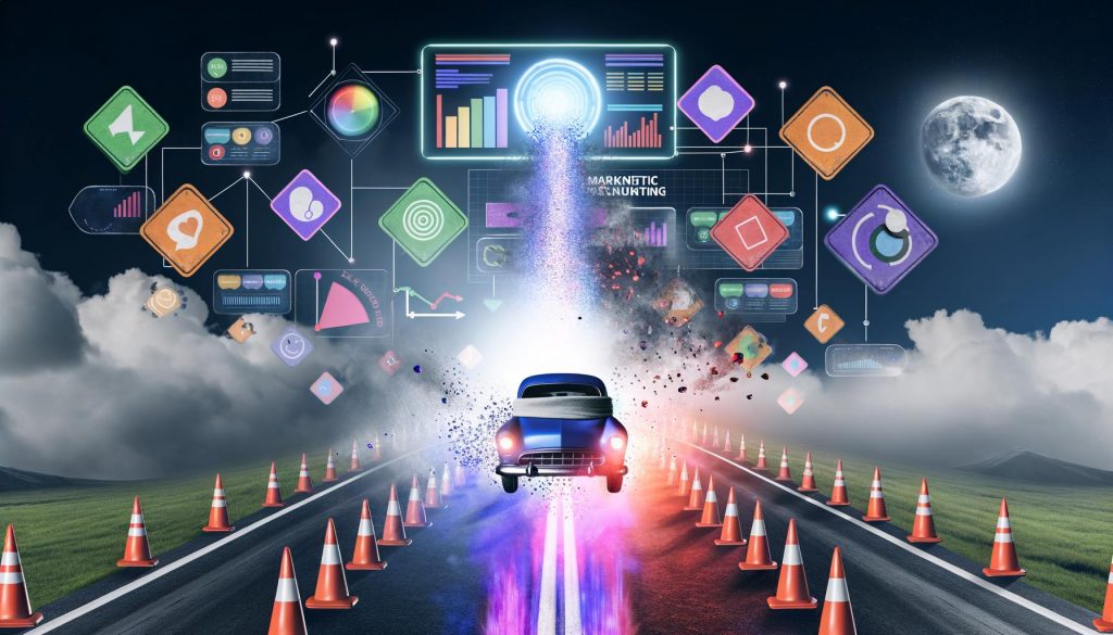 Futuristische Illustration einer Autobahn mit einem Auto, das mit verbundenen Augen Slalom zwischen datengesteuerten Verkehrszeichen, Diagrammen und Marketing-Icons fährt. Im Vordergrund ein Dashboard mit echten Analysedaten, im Hintergrund veraltete Reportings im Nebel.