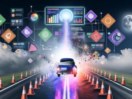 Futuristische Illustration einer Autobahn mit einem Auto, das mit verbundenen Augen Slalom zwischen datengesteuerten Verkehrszeichen, Diagrammen und Marketing-Icons fährt. Im Vordergrund ein Dashboard mit echten Analysedaten, im Hintergrund veraltete Reportings im Nebel.