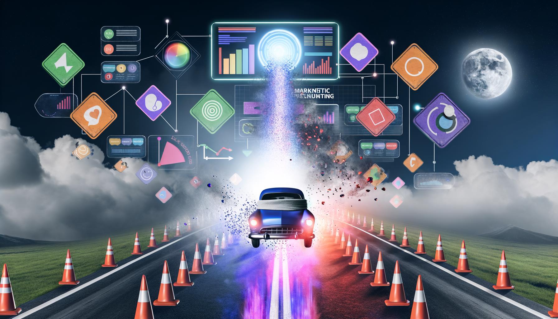 Futuristische Illustration einer Autobahn mit einem Auto, das mit verbundenen Augen Slalom zwischen datengesteuerten Verkehrszeichen, Diagrammen und Marketing-Icons fährt. Im Vordergrund ein Dashboard mit echten Analysedaten, im Hintergrund veraltete Reportings im Nebel.