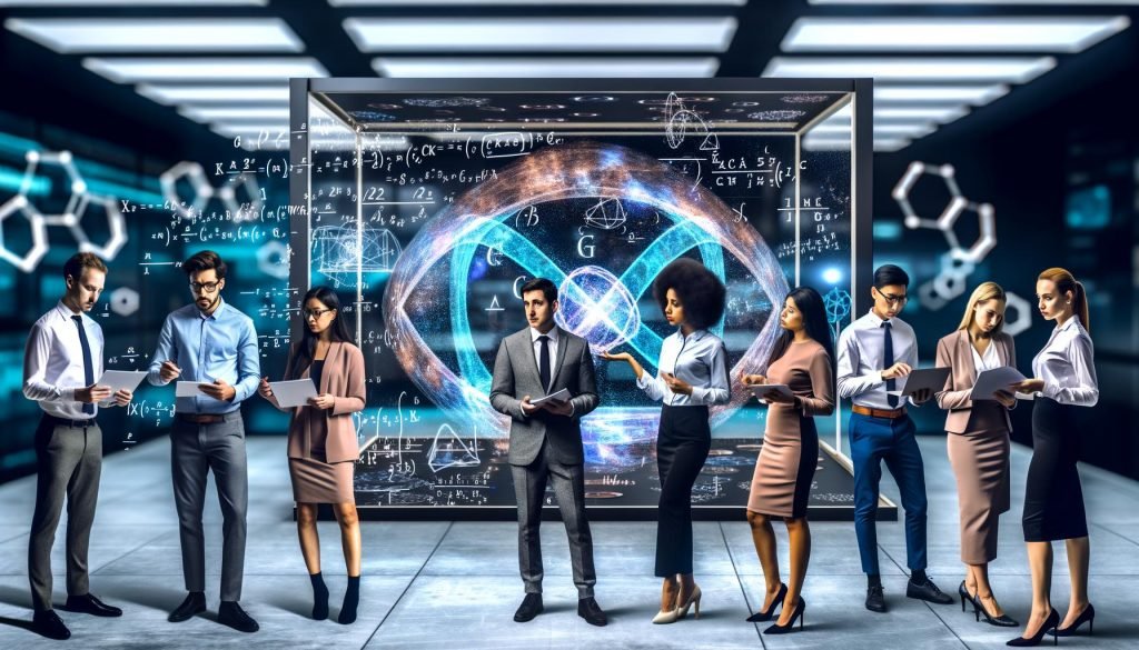 Marketer in futuristischem Büro analysieren holographische Quantenanzeigen vor strahlendem Quantencomputer.