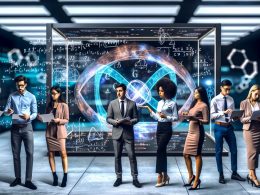 Marketer in futuristischem Büro analysieren holographische Quantenanzeigen vor strahlendem Quantencomputer.